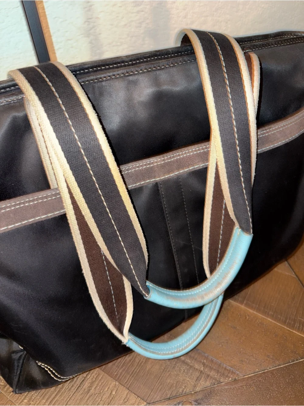 Coach Black Signature Nylon Tote | Blue Leather Trim | Large